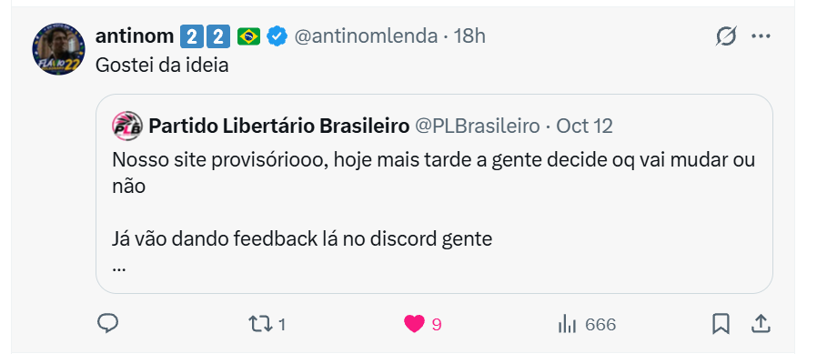 Captura da publicação de @antinomlenda no X: Gostei da ideia, em resposta a uma publicação do Partido Libertário Brasileiro
